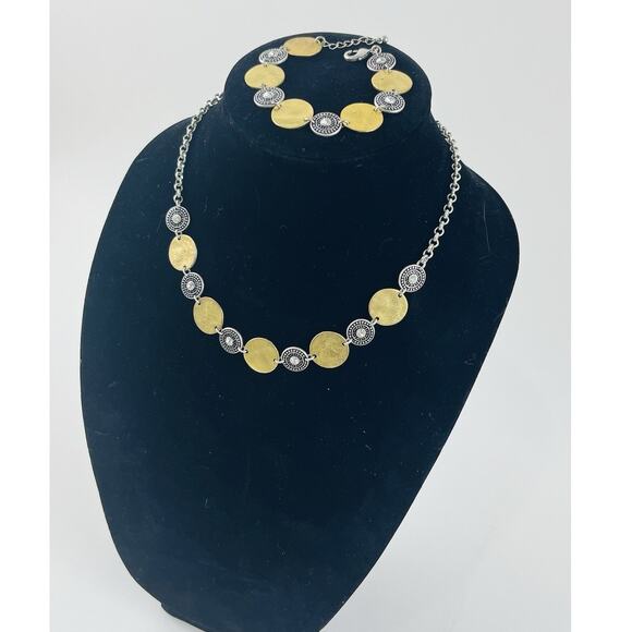 2 Tone Coin Disc Necklace Bracelet Rhinestone Boho Matte Brass Gold Silver disk - Picture 14 of 15